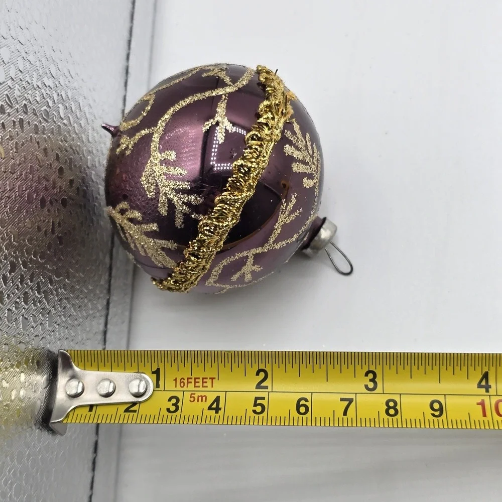 2 Vtg Glass Ball Christmas Ornaments Purple Gold Hand Blown‎ Unique